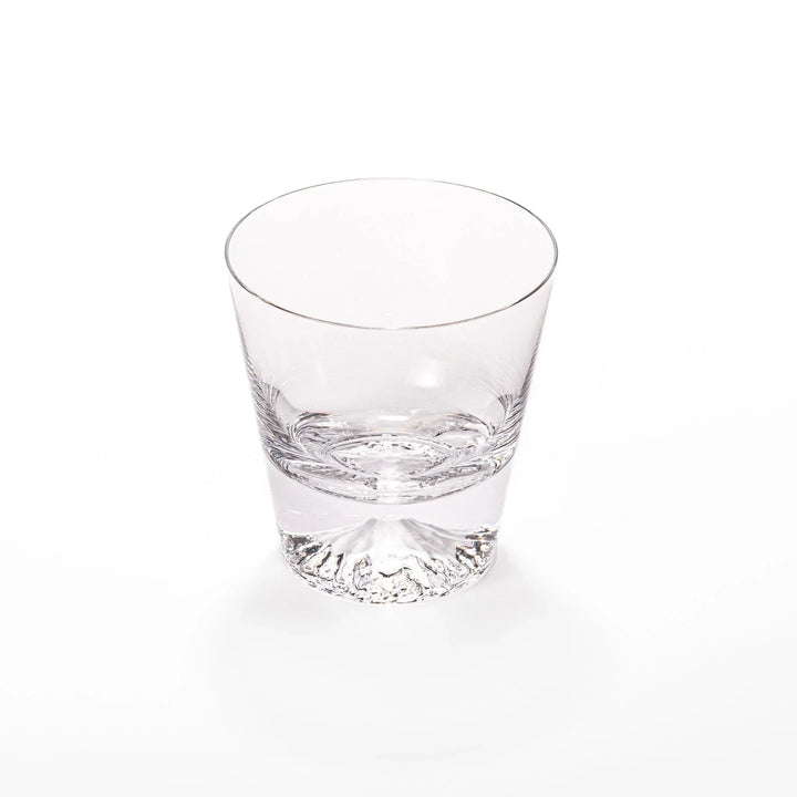 Two Edo glass whiskey cups in wooden box with Mount Fuji base design showcasing Japanese craftsmanship.