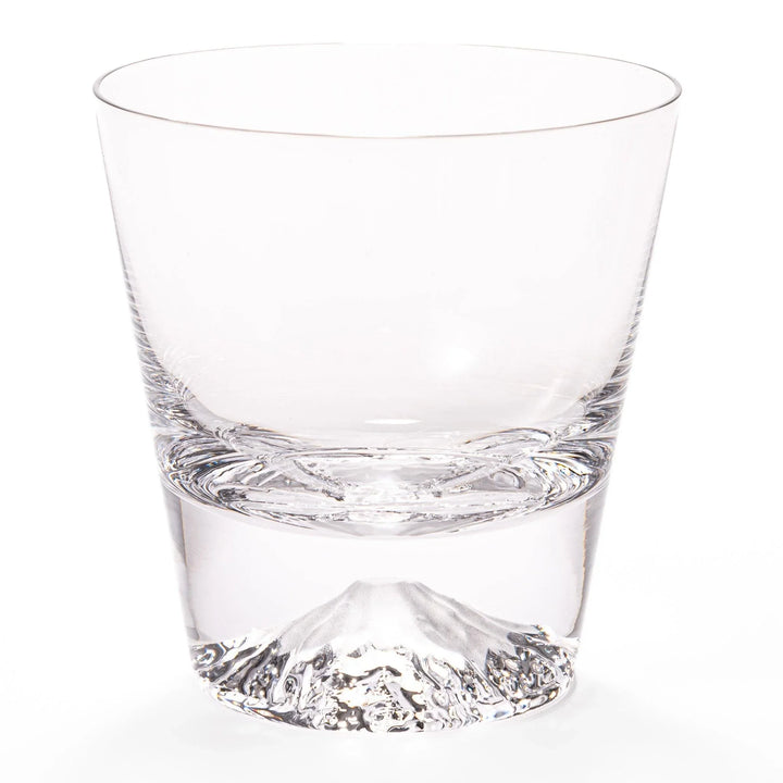 Two Edo glass whiskey cups in wooden box with Mount Fuji base design showcasing Japanese craftsmanship.