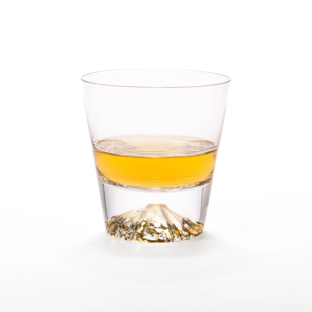 Two Edo glass whiskey cups in wooden box with Mount Fuji base design showcasing Japanese craftsmanship.