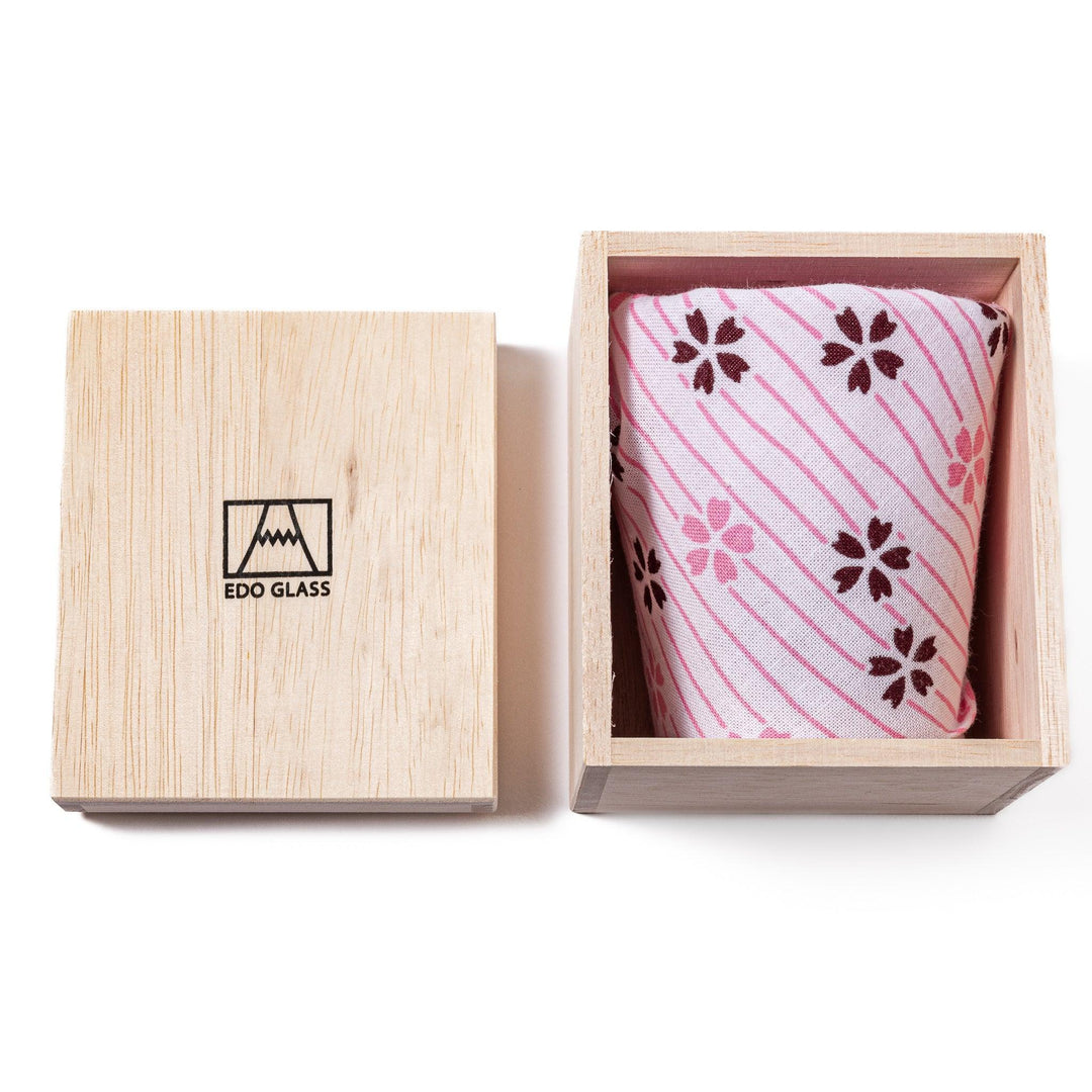 Clear glass with a subtle sakura pattern on the surface, featuring a distinctive mountain-shaped base, viewed from the side.