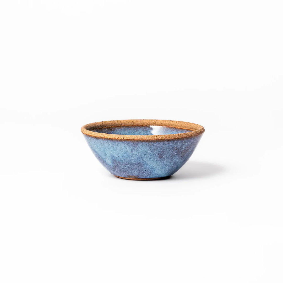Terracotta blue ceramic dessert bowl with rustic brown rim, handcrafted in Japan for serving ice cream, fruit, or sides.