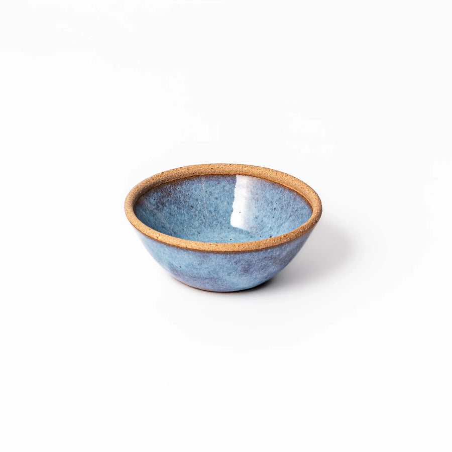 Terracotta blue ceramic dessert bowl with rustic brown rim, handcrafted in Japan for serving ice cream, fruit, or sides.
