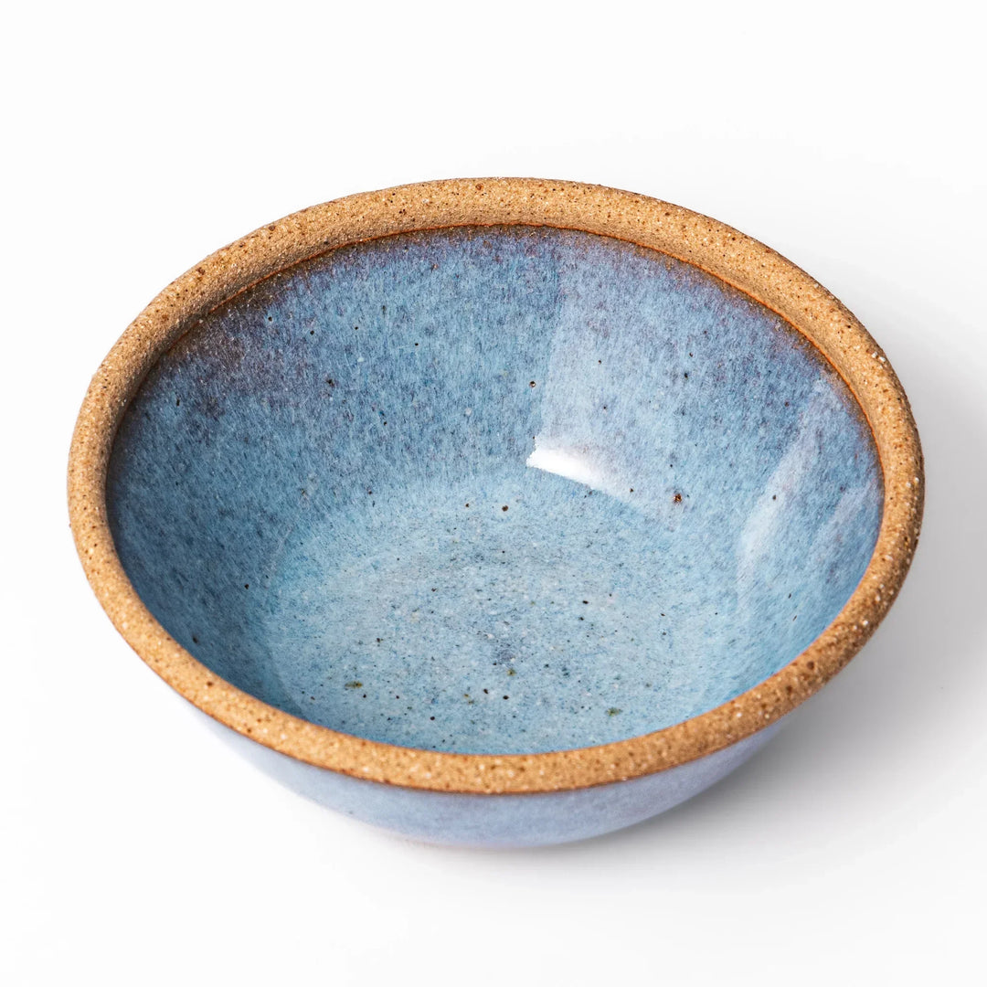 Terracotta blue ceramic dessert bowl with rustic brown rim, handcrafted in Japan for serving ice cream, fruit, or sides.