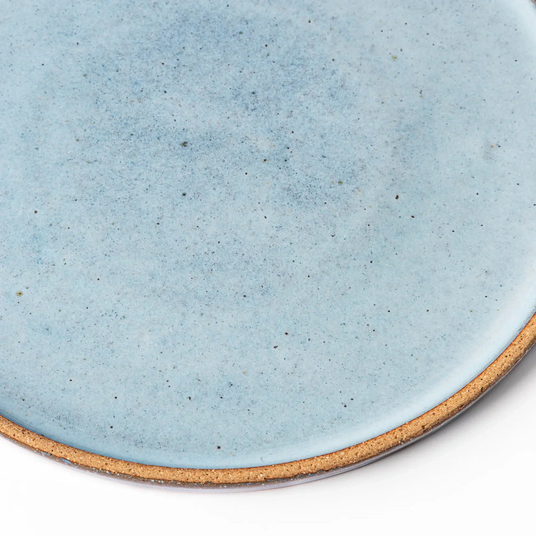 Terracotta blue ceramic dinner plate with rustic brown rim, handcrafted in Japan for daily meals or pasta dishes.