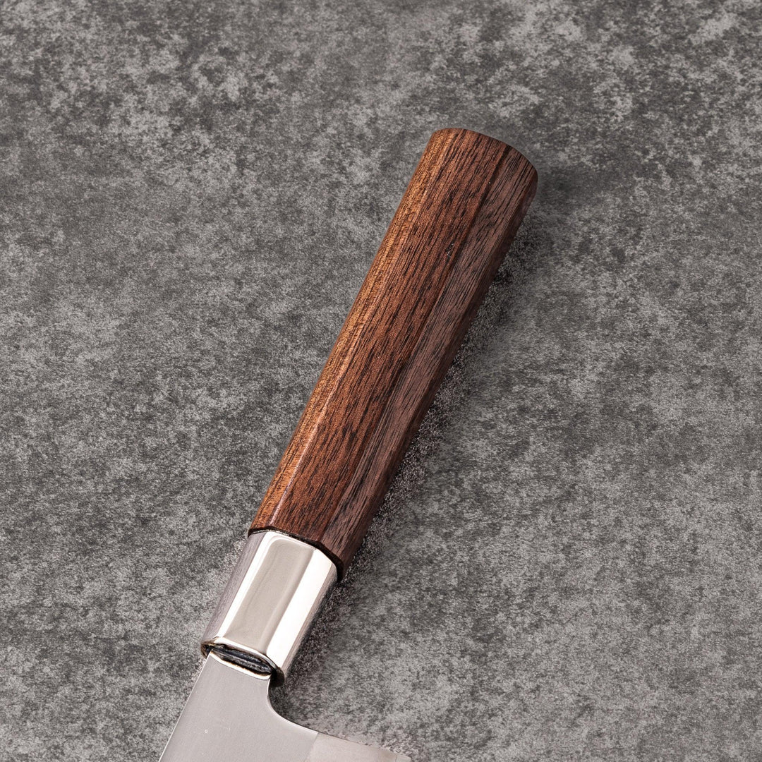 Funayuki all-purpose knife with durable stainless steel blade and walnut wood handle for versatile kitchen prep.