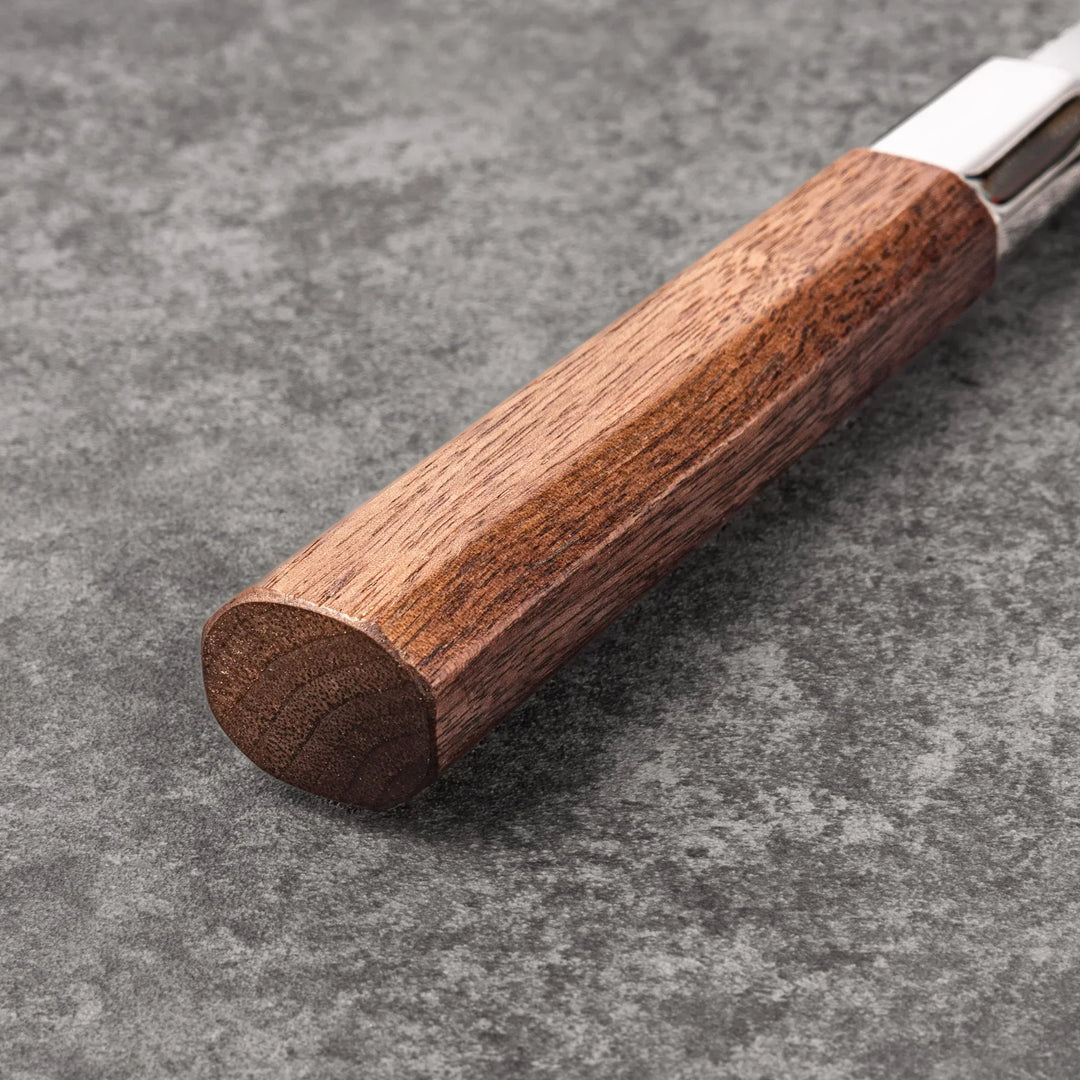 Funayuki all-purpose knife with durable stainless steel blade and walnut wood handle for versatile kitchen prep.