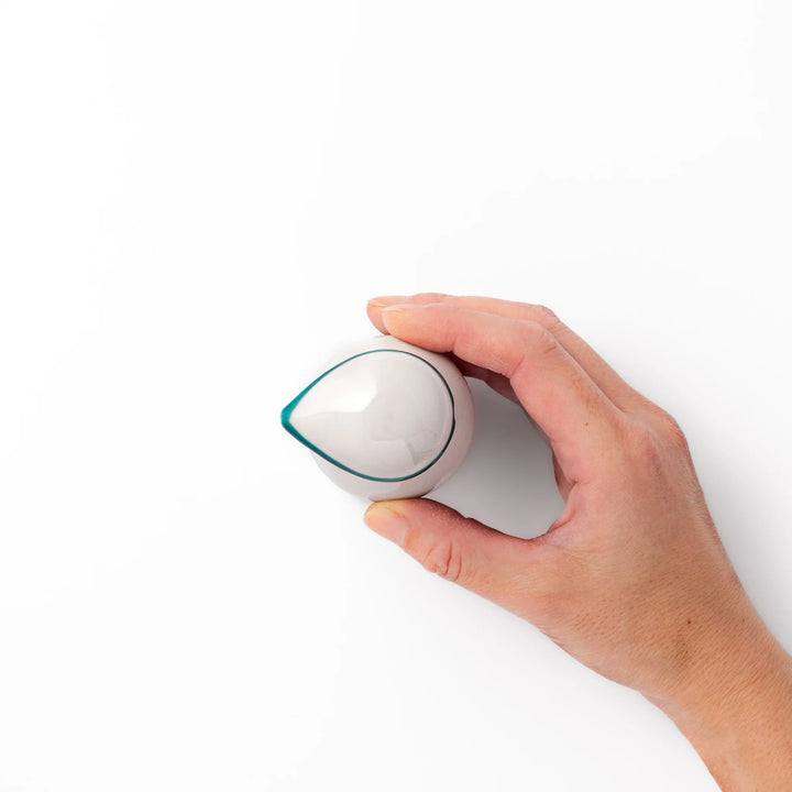 Japanese ceramic soy sauce dispenser with a turquoise lid and bird and branch motif, beautifully handcrafted in Arita Japan.