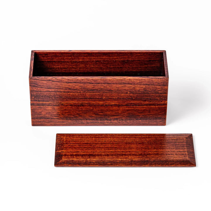 Rectangular Japanese two tier bento box made of dark brown paulownia wood with sleek minimalist design.