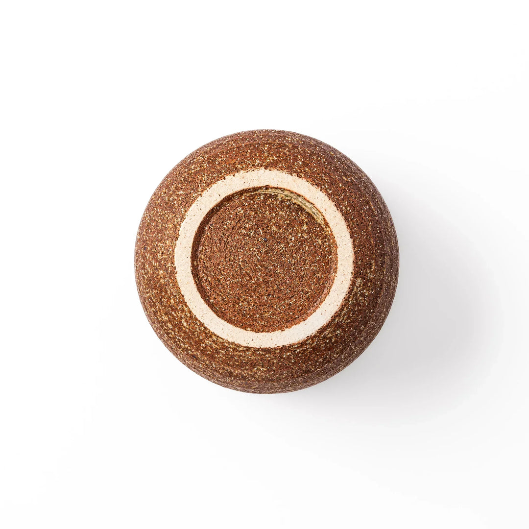 Two tone Japanese ceramic rice storage bowl with lid glazed top and textured brown base for rustic charm.