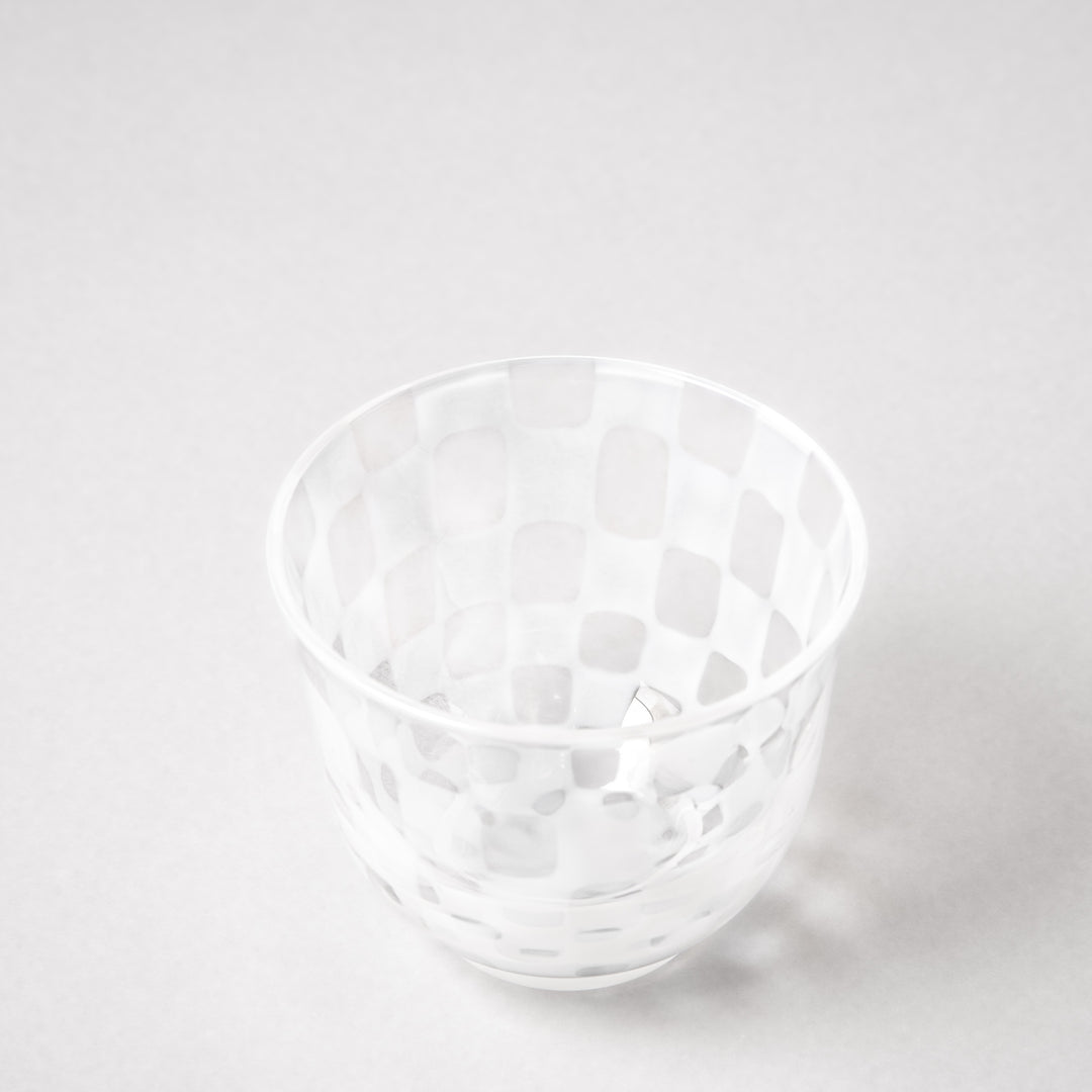 Vintage checkered glass tea cup with textured pattern clear Japanese style tumbler for tea water or sake minimalist tableware