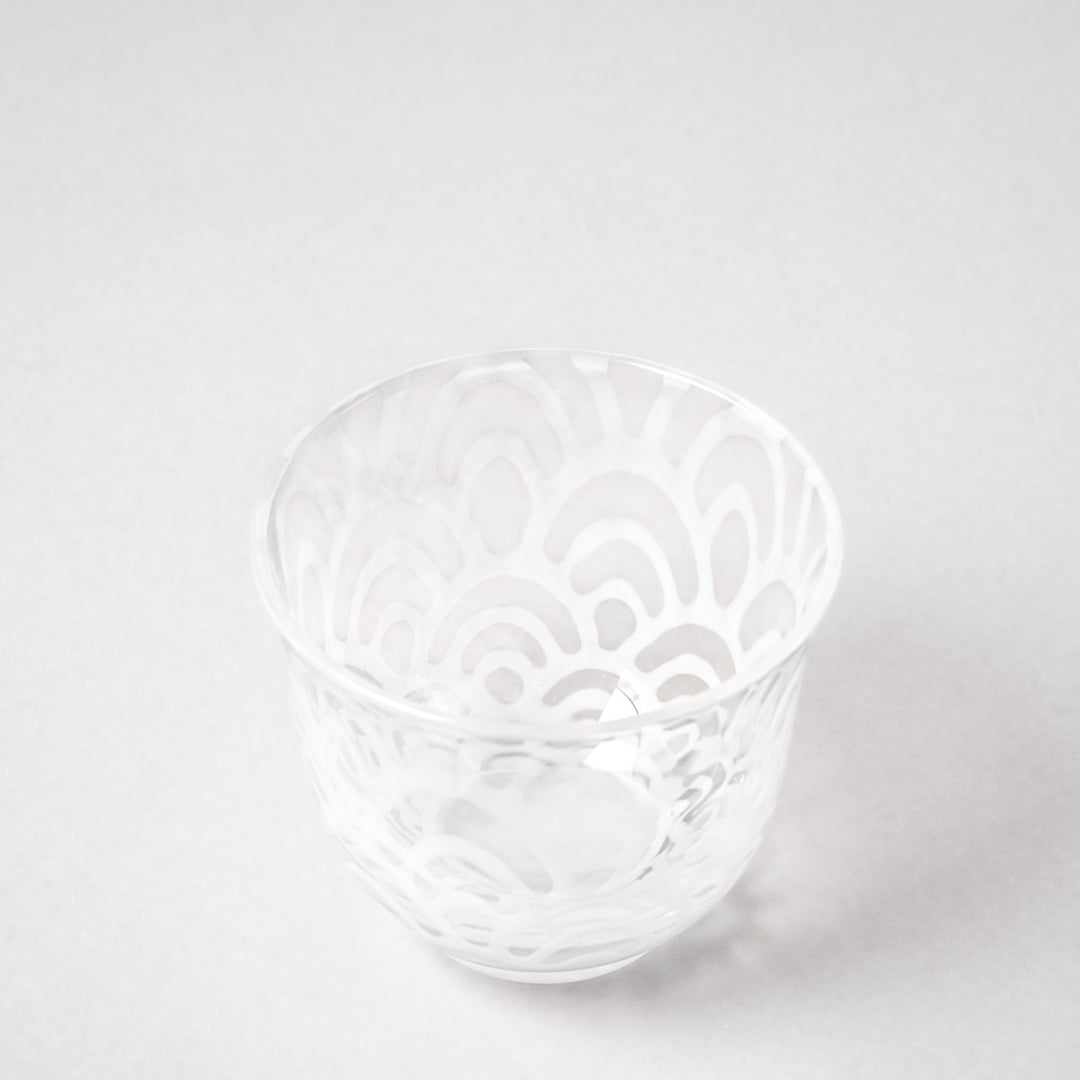 Vintage wave pattern glass tea cup with etched design clear Japanese style tumbler for tea water or sake minimalist tableware