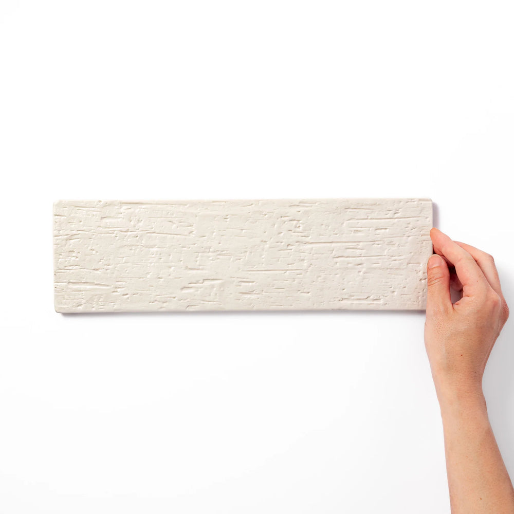 Rectangular white Japanese ceramic serving plate with woodgrain pattern for minimalist modern table setting.