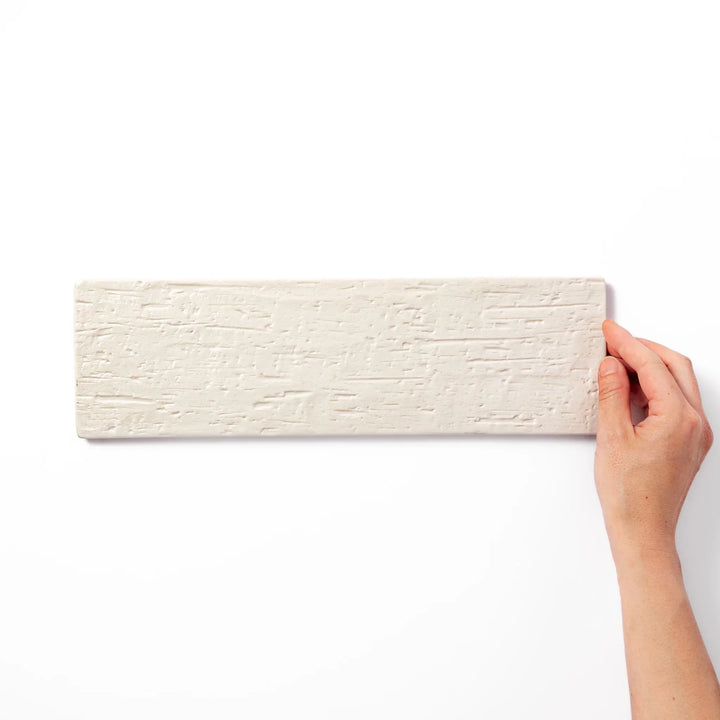 Rectangular white Japanese ceramic serving plate with woodgrain pattern for minimalist modern table setting.