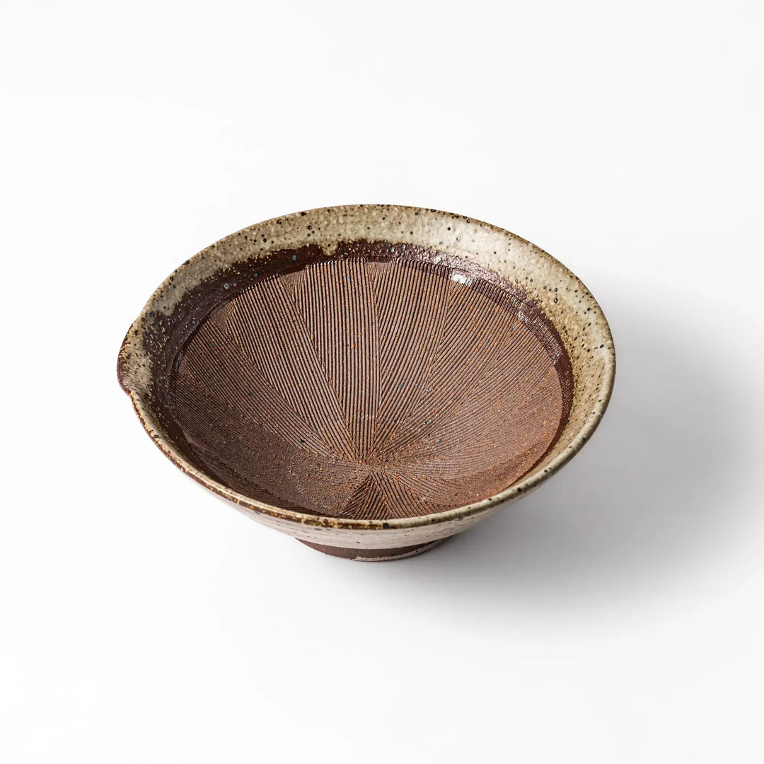 Speckled white Karatsu-style mortar with a deep brown interior and textured ridges, ideal for traditional sesame grinding.