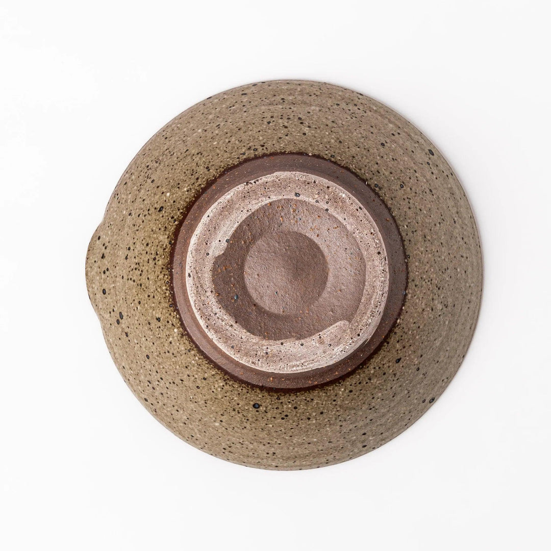 Speckled white Karatsu-style mortar with a deep brown interior and textured ridges, ideal for traditional sesame grinding.