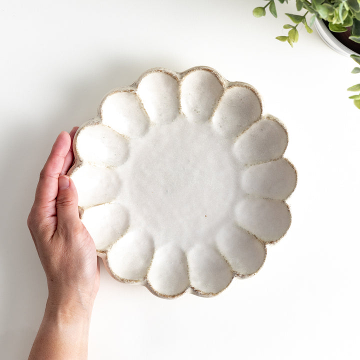 White rinka petal salad plate with elegant floral edge ceramic dinnerware for stylish table setting and food photography