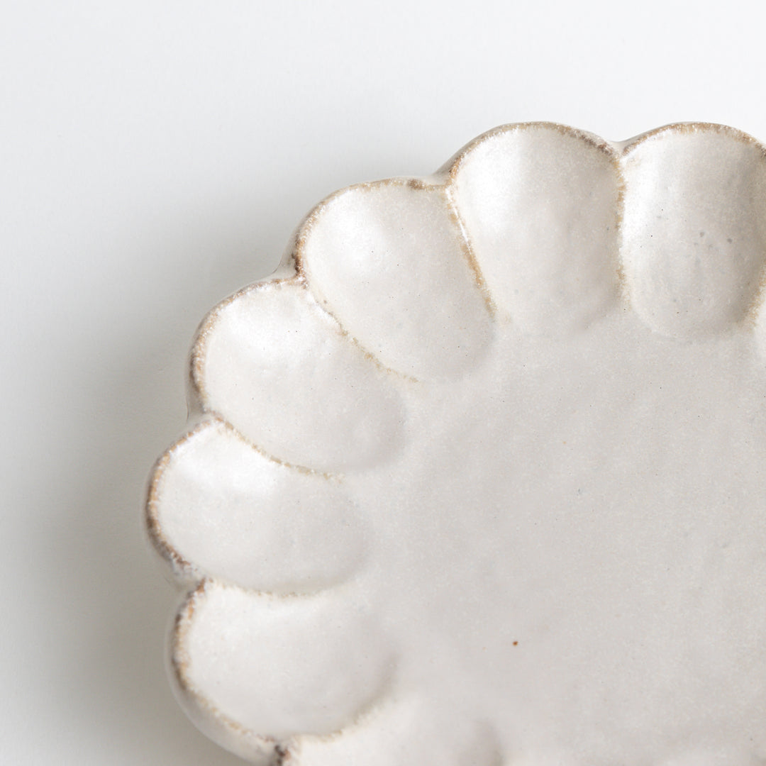 White rinka petal salad plate with elegant floral edge ceramic dinnerware for stylish table setting and food photography