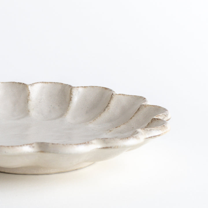 White rinka petal salad plate with elegant floral edge ceramic dinnerware for stylish table setting and food photography