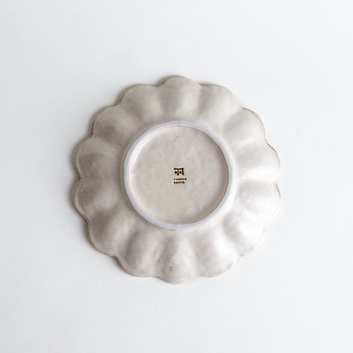 White rinka petal salad plate with elegant floral edge ceramic dinnerware for stylish table setting and food photography
