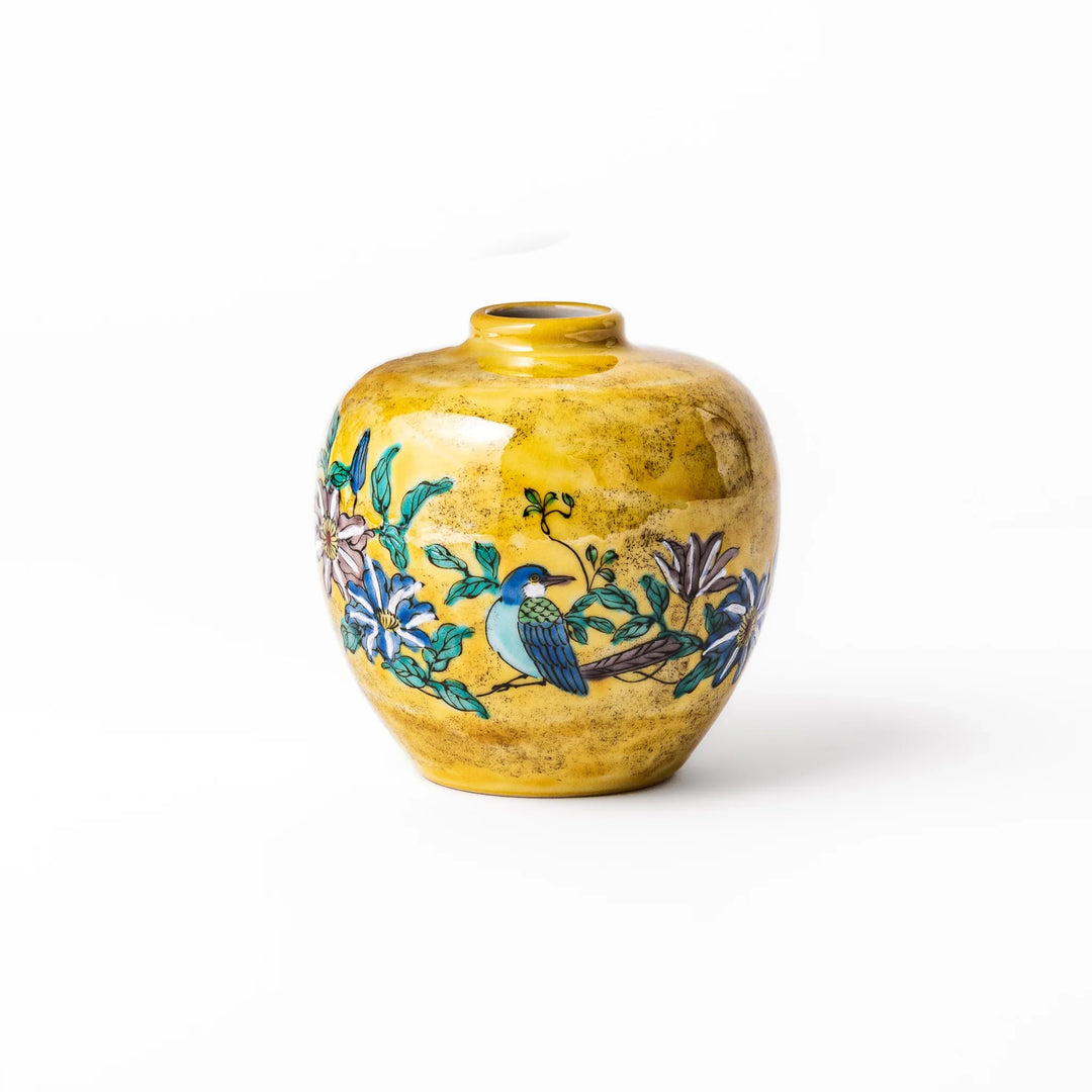 Kutani porcelain bud vase with camellia and bird motif handcrafted in Japan for elegant floral display.