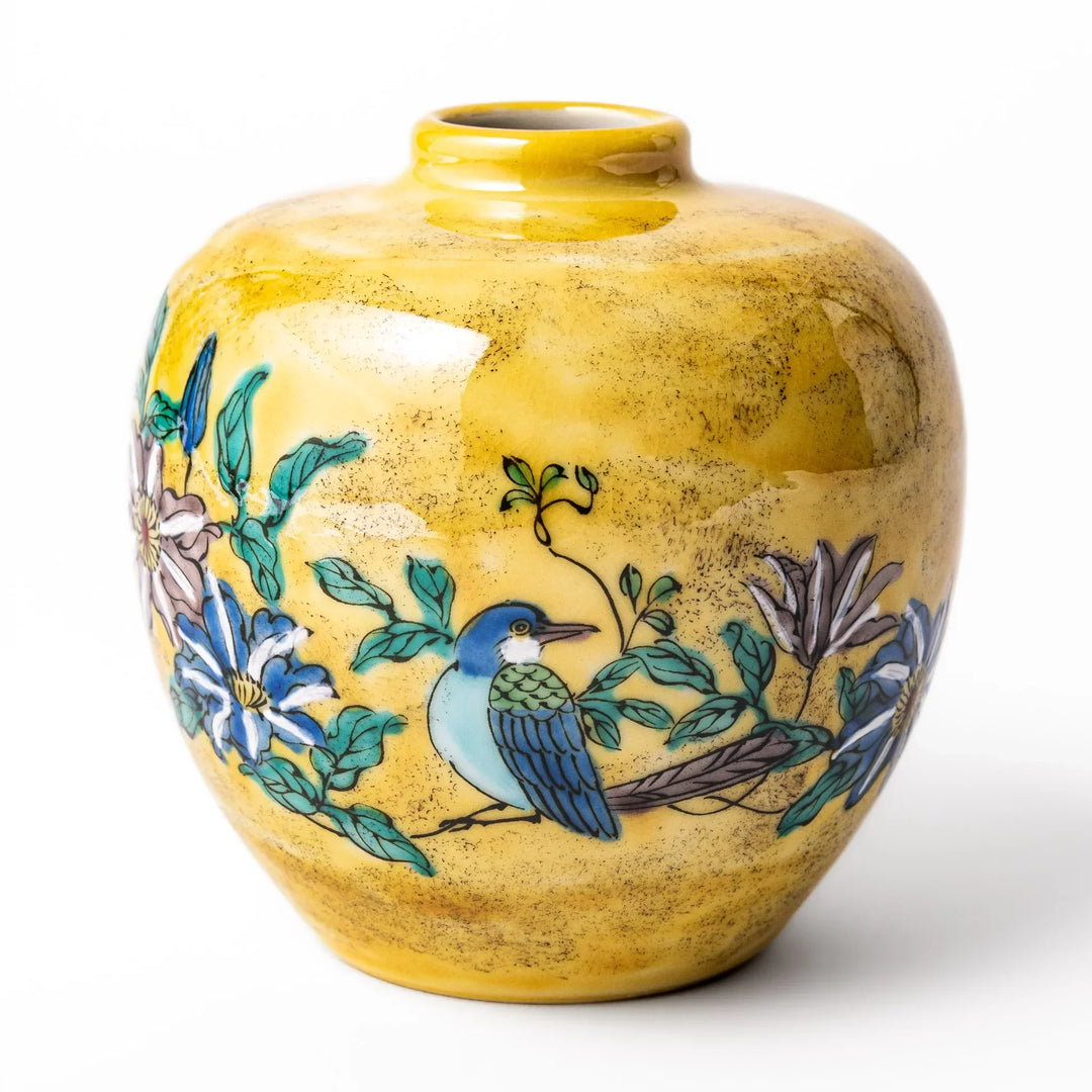 Kutani porcelain bud vase with camellia and bird motif handcrafted in Japan for elegant floral display.