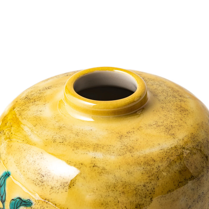 Kutani porcelain bud vase with camellia and bird motif handcrafted in Japan for elegant floral display.