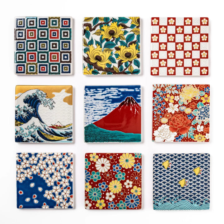 Japanese ceramic coaster with traditional patterns like waves Mt Fuji cherry blossoms and floral motifs.