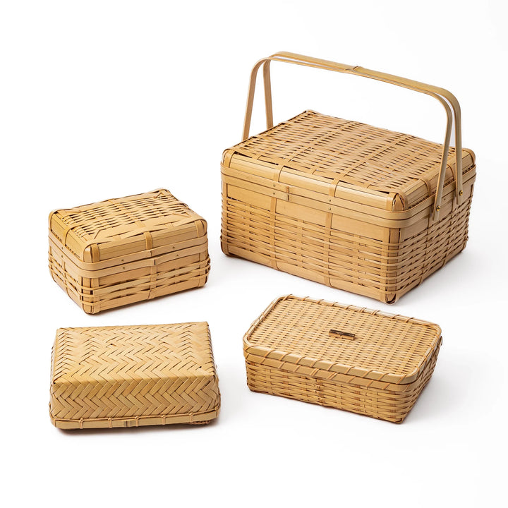 Collection of Japanese bamboo bento boxes in Ajiro Hishigi and Goza weave patterns for traditional picnic lunch sets
