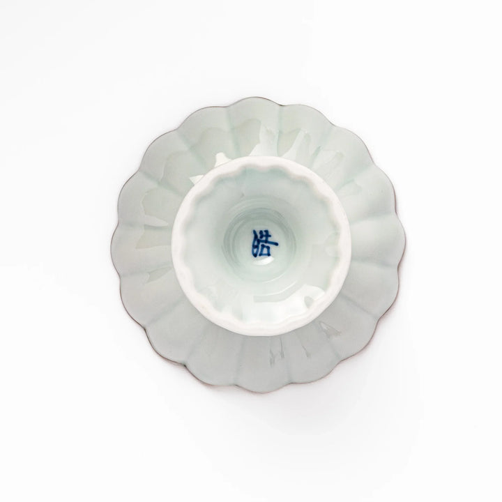 Arita porcelain pedestal bowl with blue arabesque pattern and gold rim, perfect for serving desserts, fruits, or side dishes.