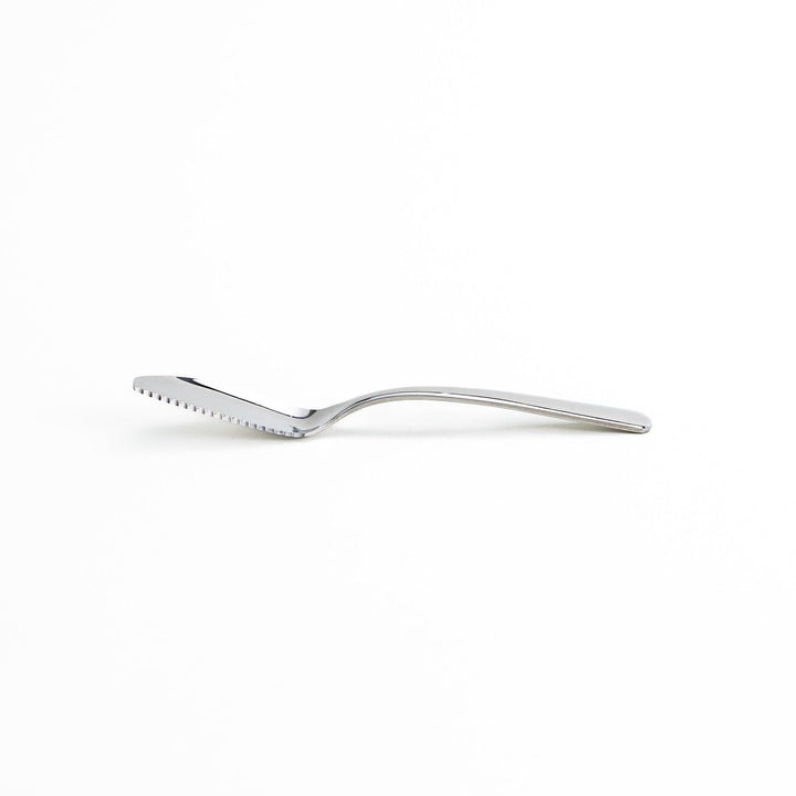 Stainless steel spreader knife with a serrated edge and sleek design