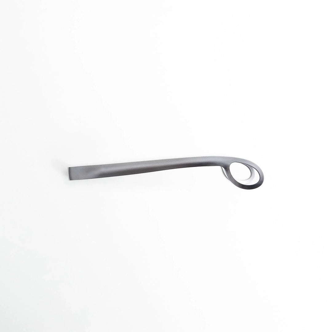 Curved stainless steel tongs with holes at the end for drainage