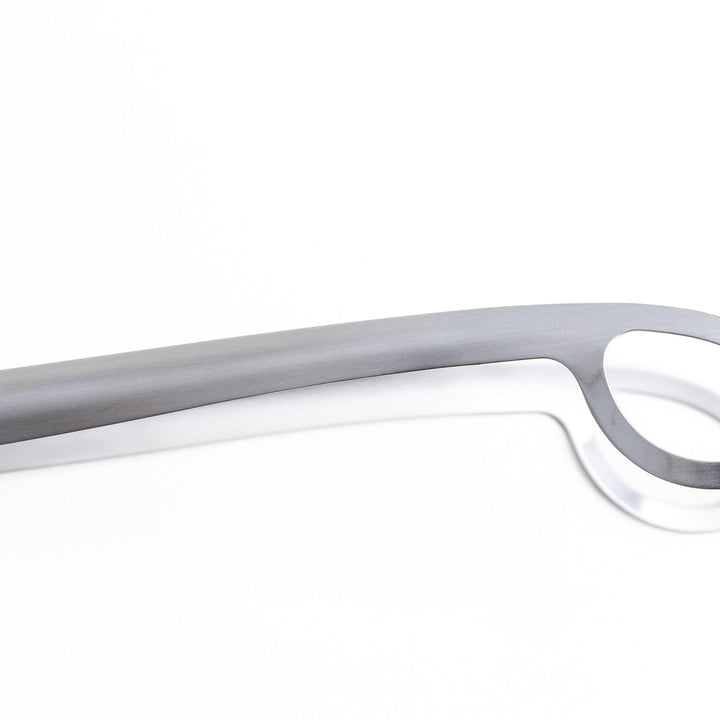 Curved stainless steel tongs with holes at the end for drainage