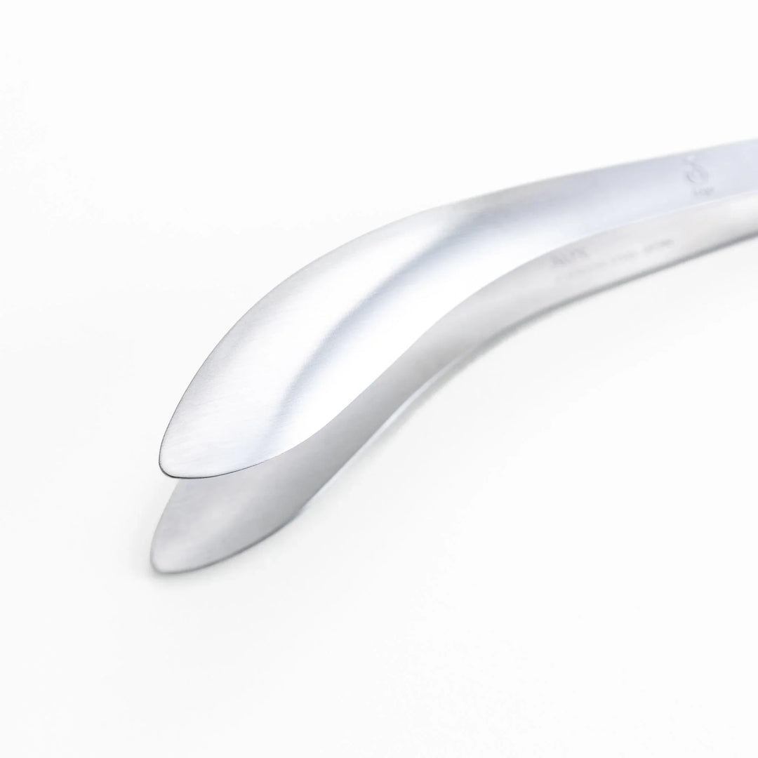 Elegant, curved stainless steel tongs with a sleek design