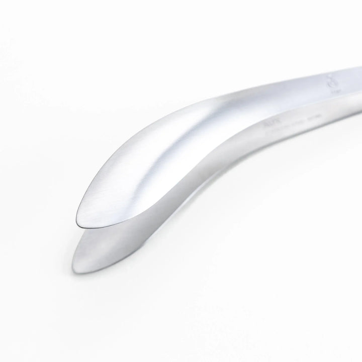 Elegant, curved stainless steel tongs with a sleek design