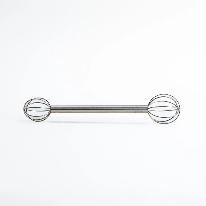 Double-ended stainless steel mini whisk with balloon-shaped heads on both sides