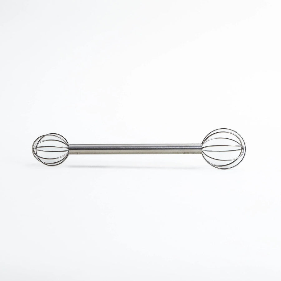 Double-ended stainless steel mini whisk with balloon-shaped heads on both sides