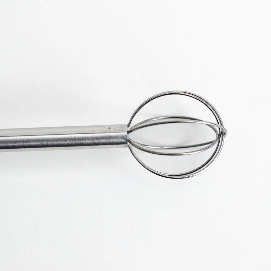 Double-ended stainless steel mini whisk with balloon-shaped heads on both sides