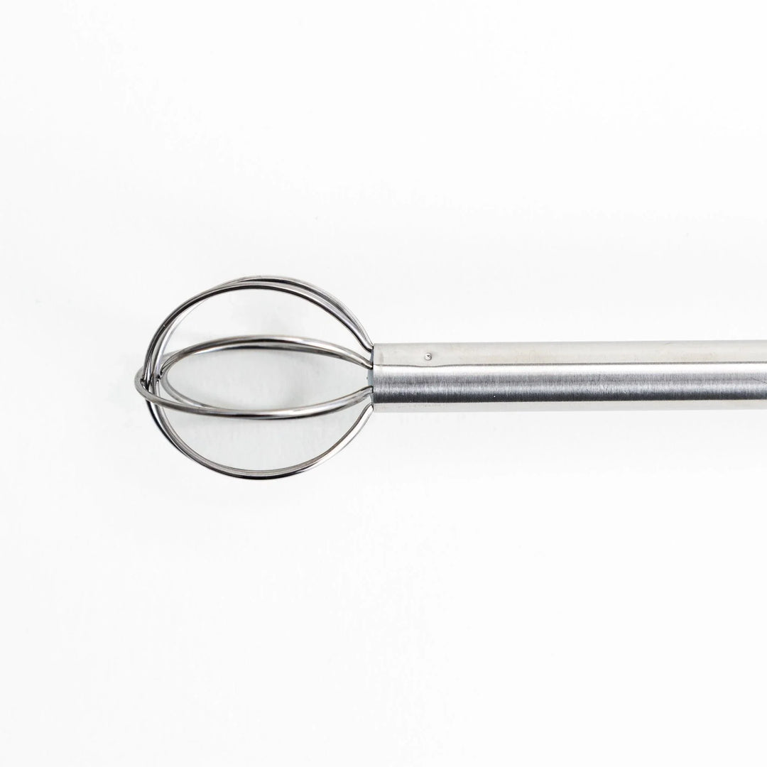 Double-ended stainless steel mini whisk with balloon-shaped heads on both sides