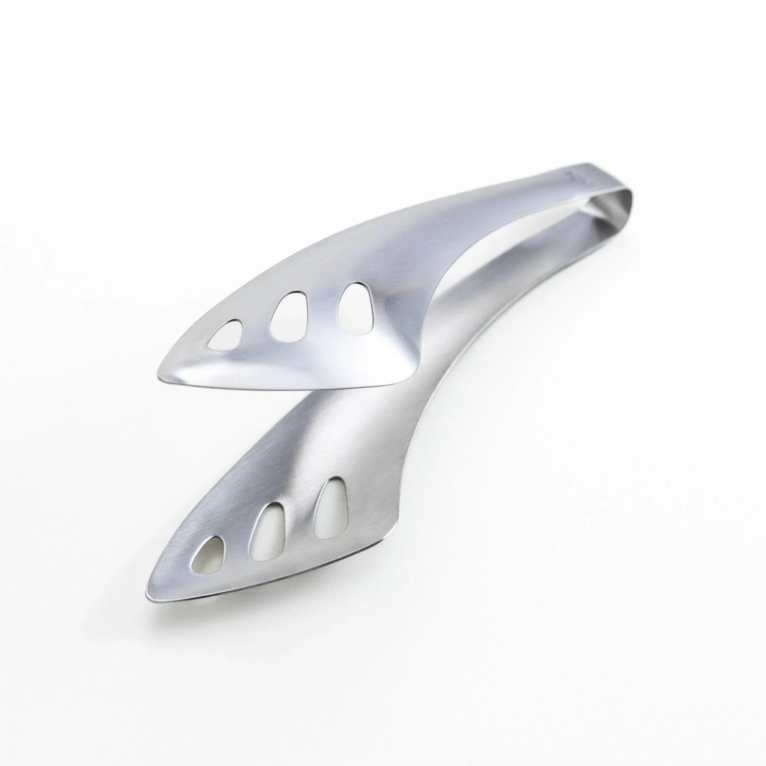 Curved stainless steel tongs with slotted ends for better grip and drainage