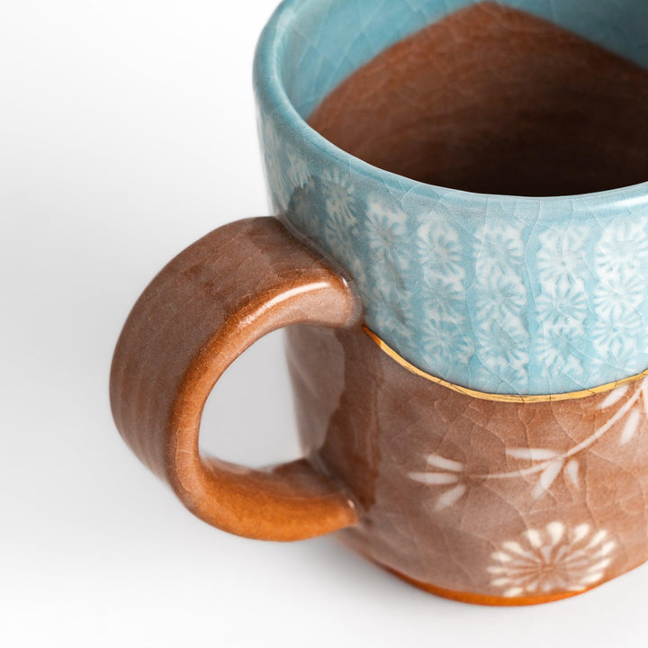Blue floral mug with gold rim and delicate pattern, perfect for adding charm to your daily tea time.