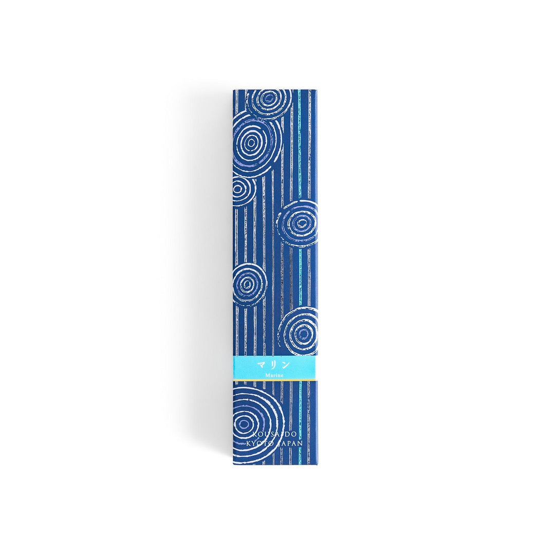 Japanese marine incense sticks in a wooden box with a deep blue patterned sleeve inspired by the ocean, made in Kyoto