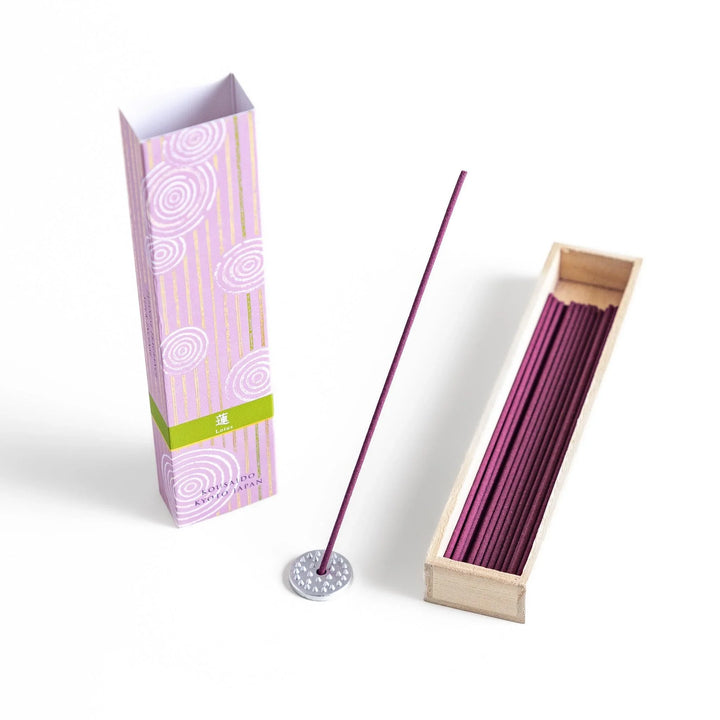 Japanese lavender incense in wooden box with purple sticks and white circle pattern on soft packaging.