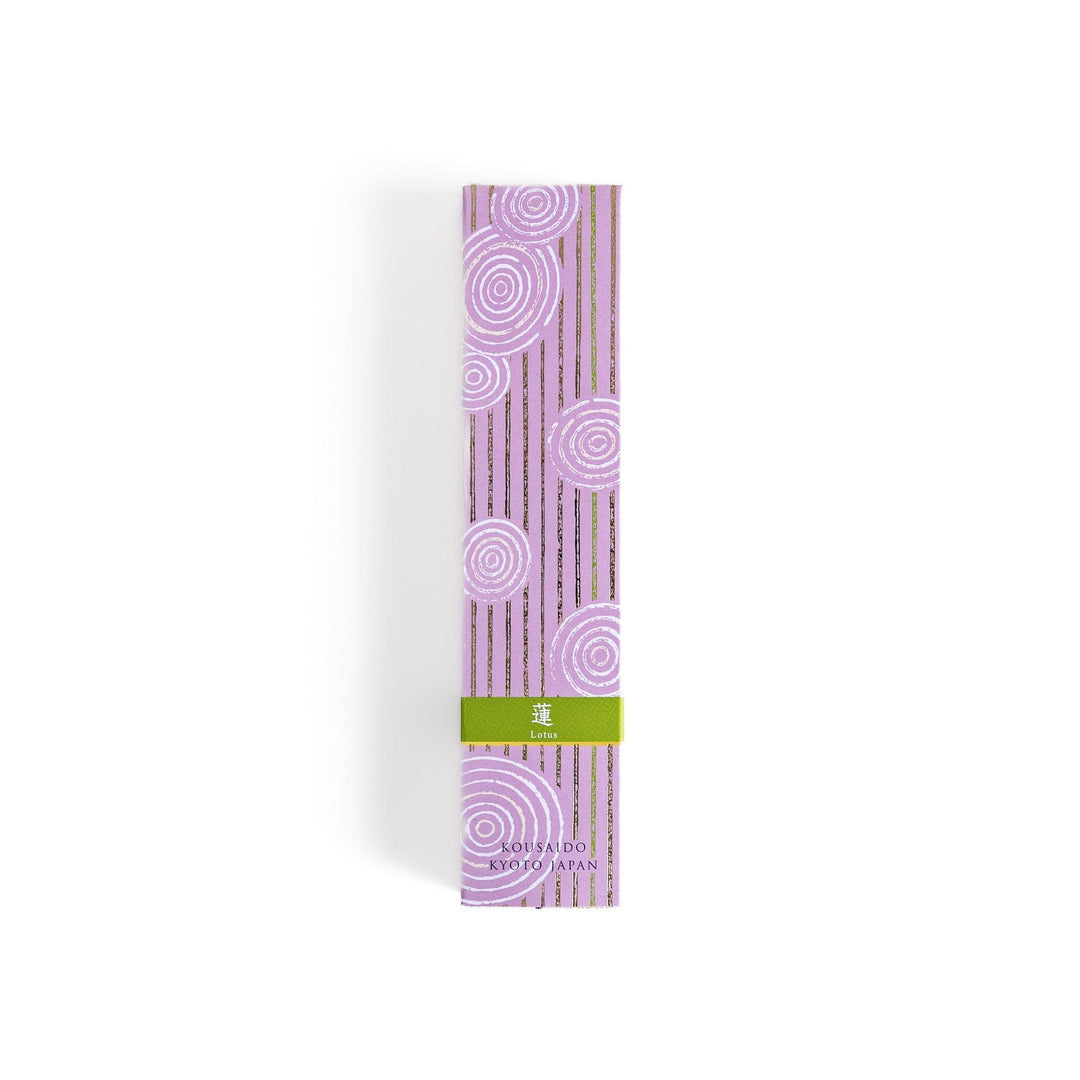 Japanese lavender incense in wooden box with purple sticks and white circle pattern on soft packaging.