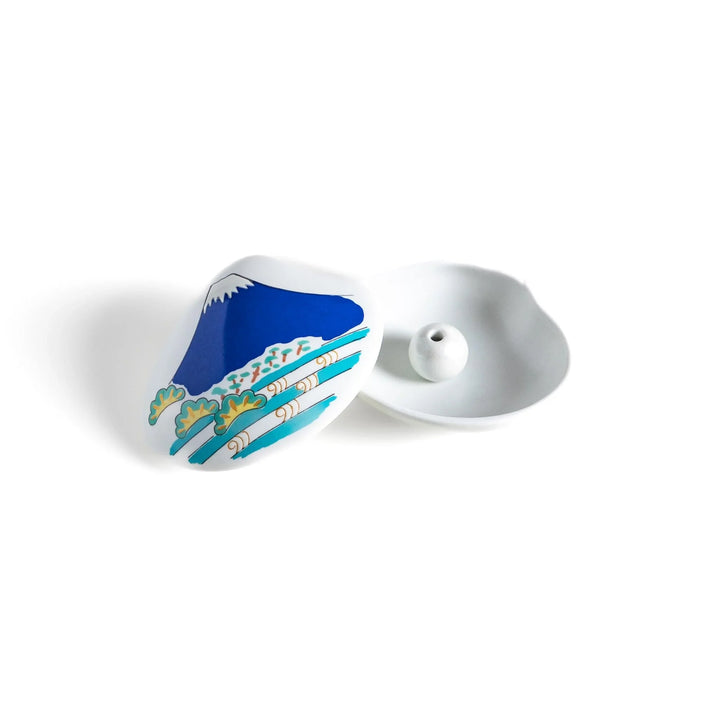 Blue Mount Fuji Shell Incense Holder with vivid Fuji design, gold accents, and secure holder for elegant incense display.