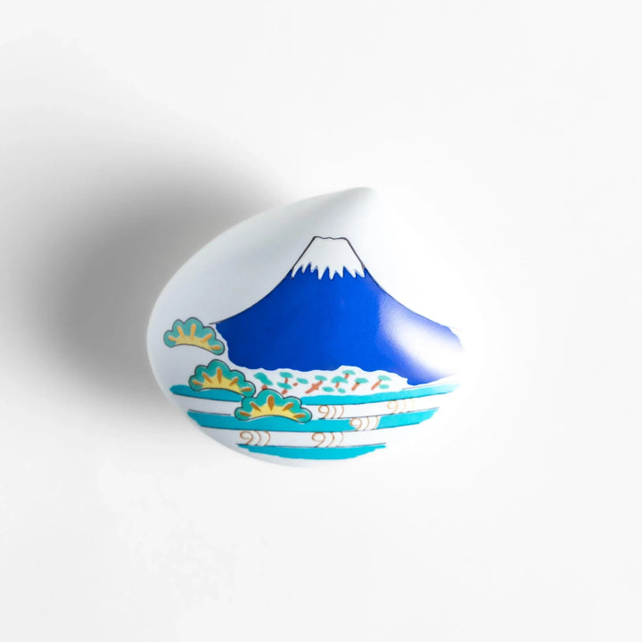 Blue Mount Fuji Shell Incense Holder with vivid Fuji design, gold accents, and secure holder for elegant incense display.