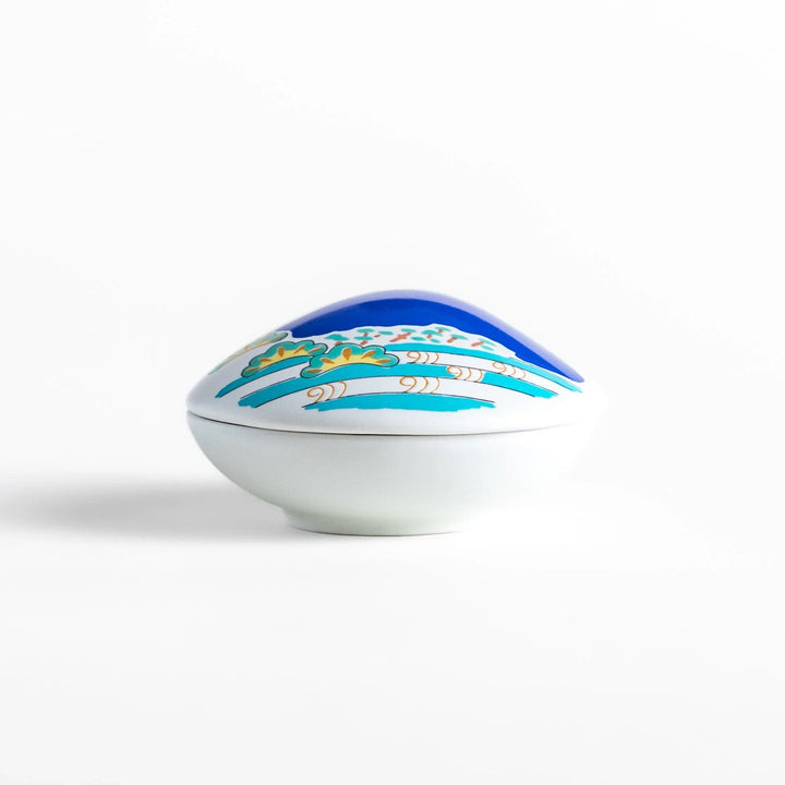 Blue Mount Fuji Shell Incense Holder with vivid Fuji design, gold accents, and secure holder for elegant incense display.