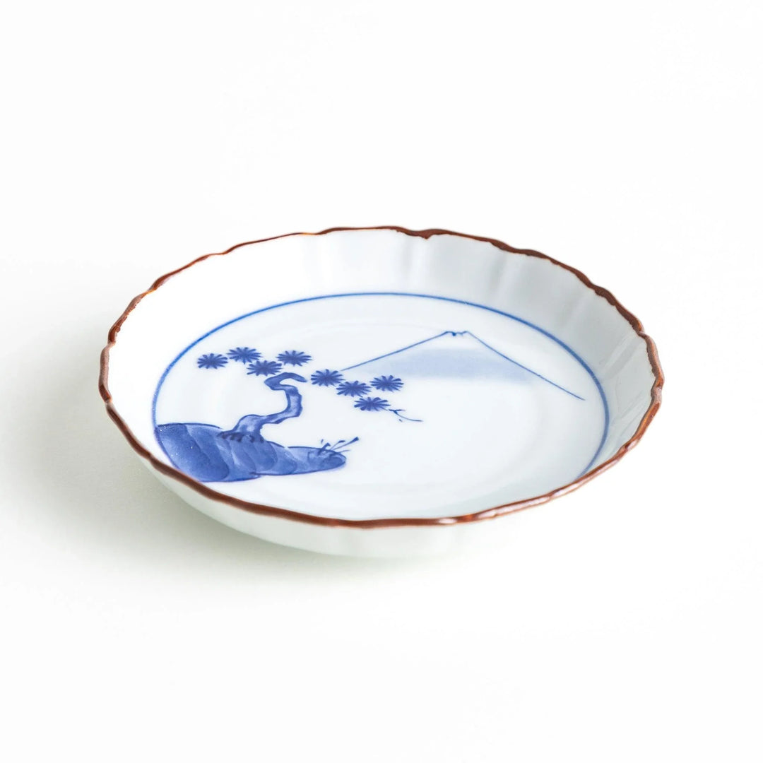 Blue Pine Grove Mount Fuji raised rim Japanese sauce dish ideal for soy sauce or elegant table display.