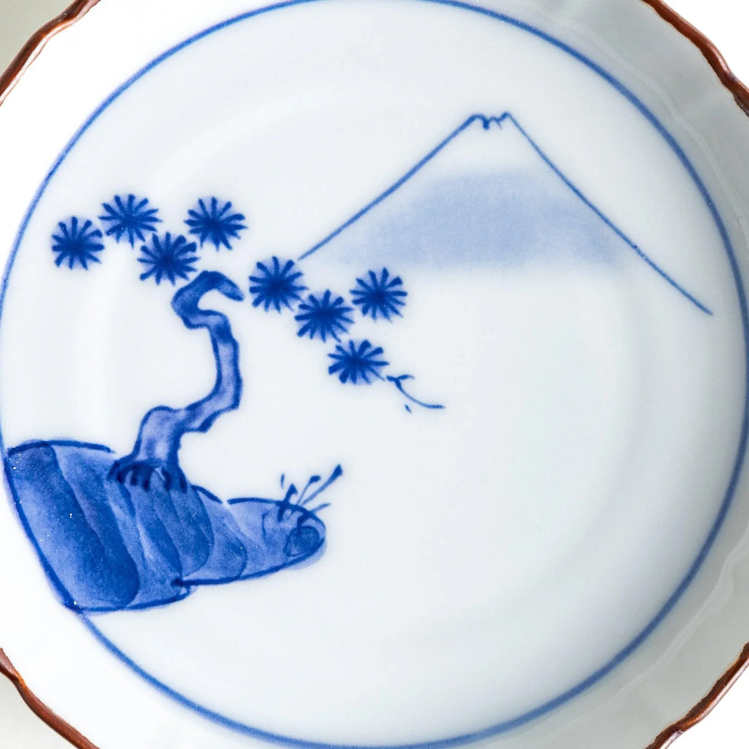 Blue Pine Grove Mount Fuji raised rim Japanese sauce dish ideal for soy sauce or elegant table display.