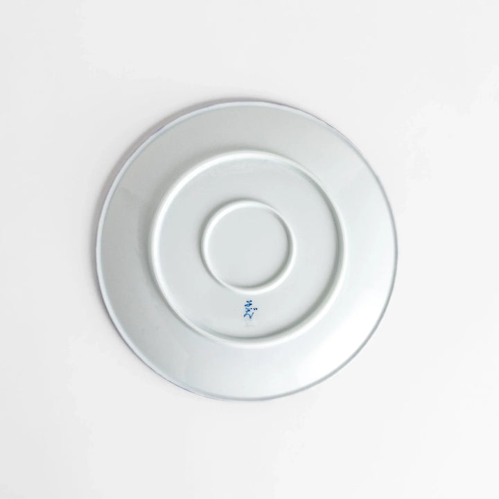 Blue and white floral patterned Japanese dinner plate with subtle striped rim for refined dining style.
