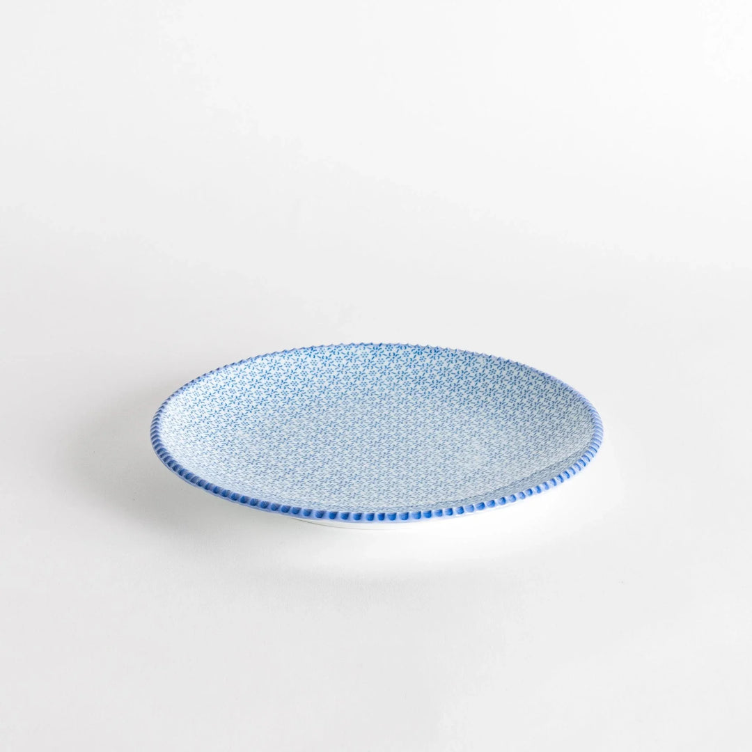 Japanese ceramic plate with delicate blue sesame pattern and intricate design adding elegance to dining.